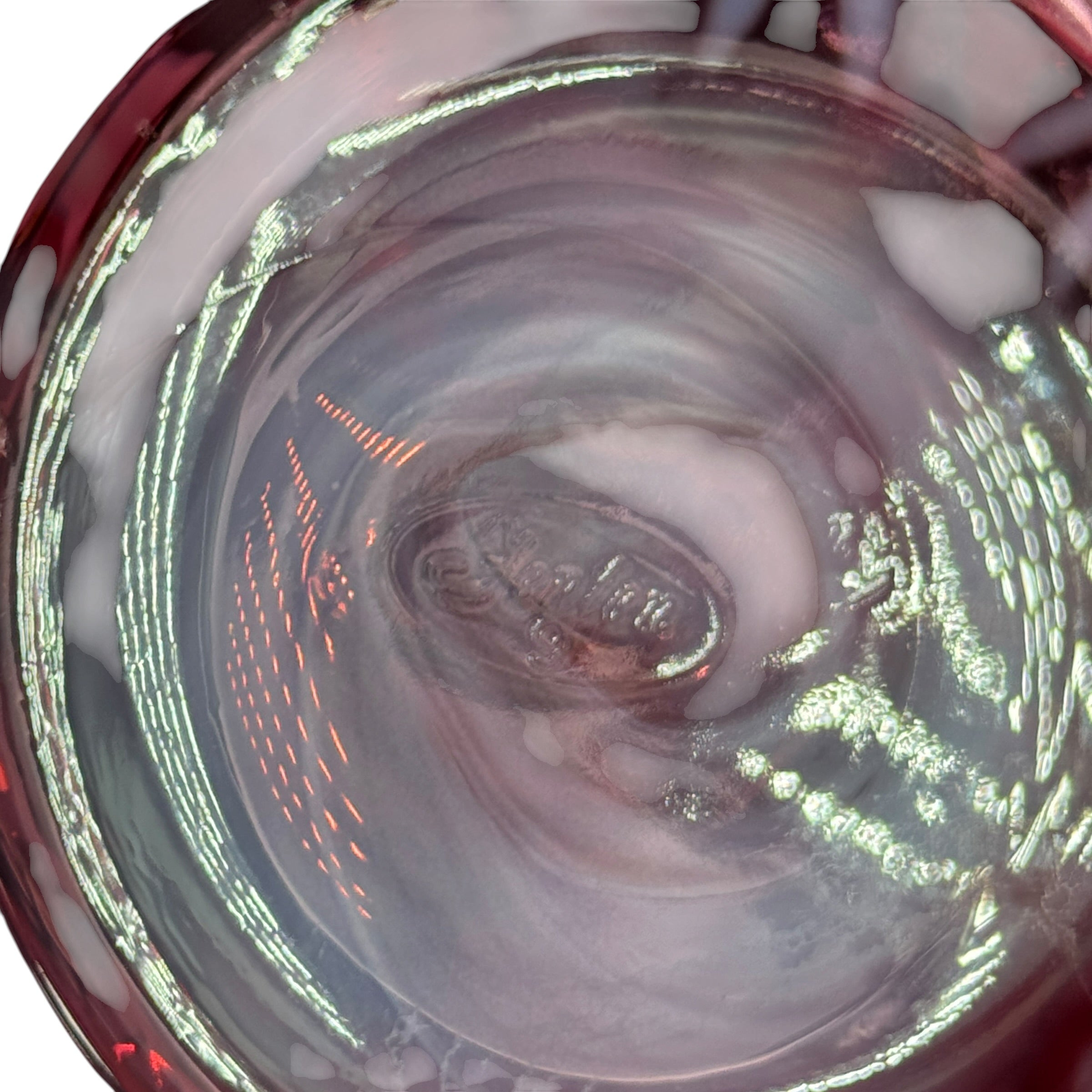 Vintage Fenton cranberry glass pitcher displayed as a vase