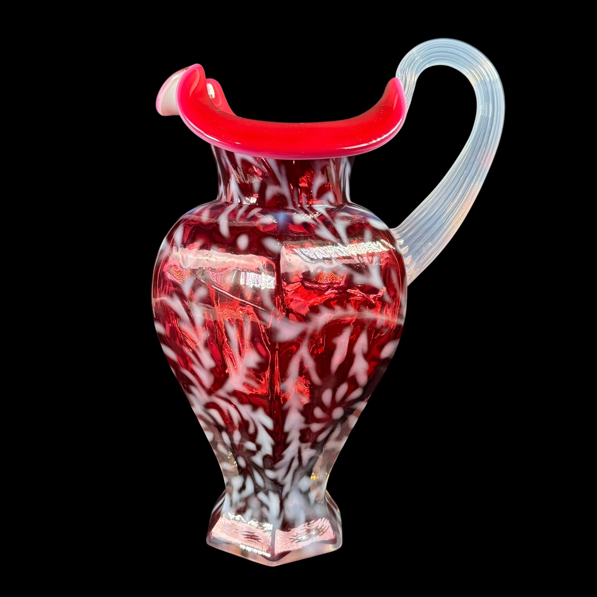 Vintage Fenton cranberry opalescent glass pitcher with applied handle