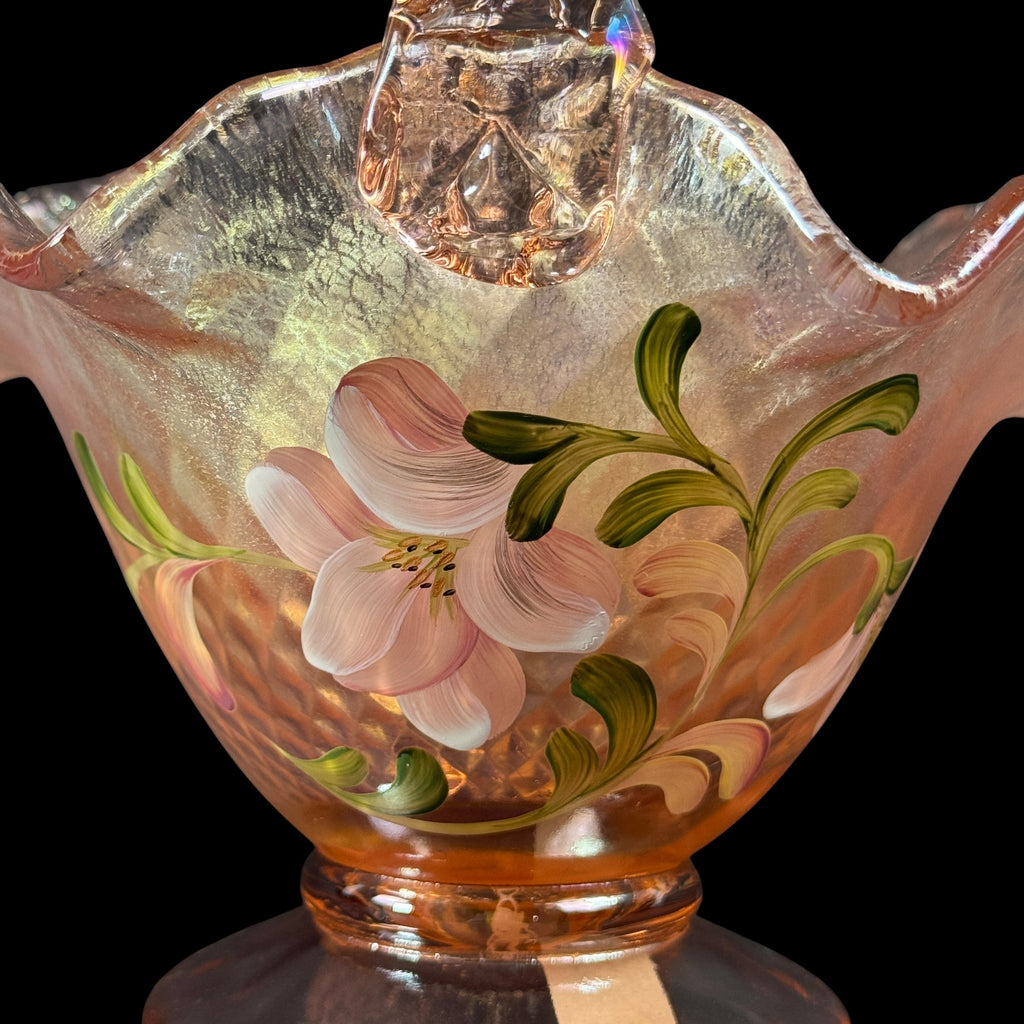 Iridescent Fenton peach art glass basket with floral design