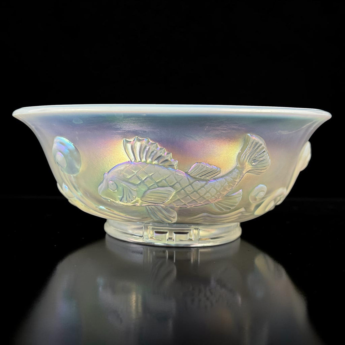Fenton Opal Iridescent Atlantis koi fish art glass bowl