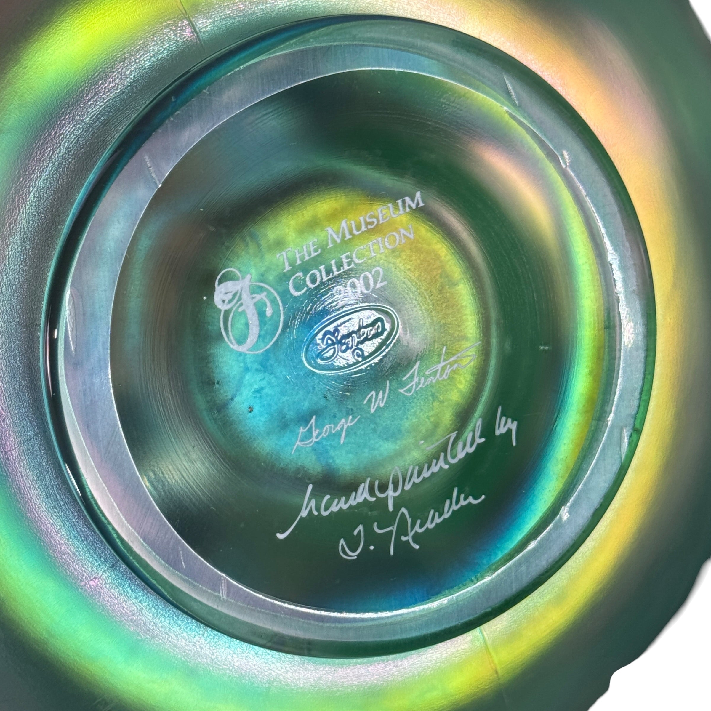 Hand painted Fenton green iridescent art glass bowl