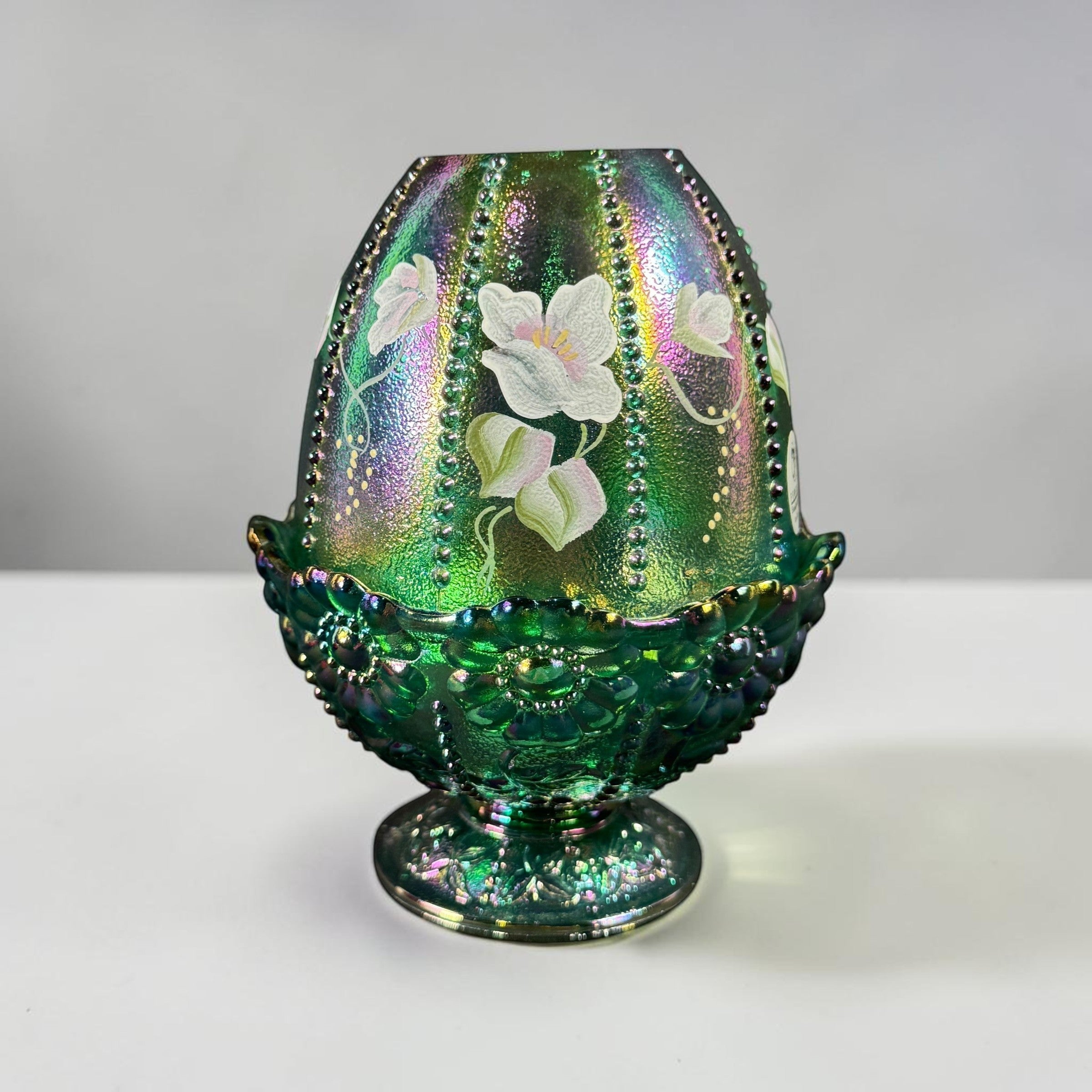 Fenton Emerald Carnival Melon Beaded Fairy Lamp with hand-painted flowers