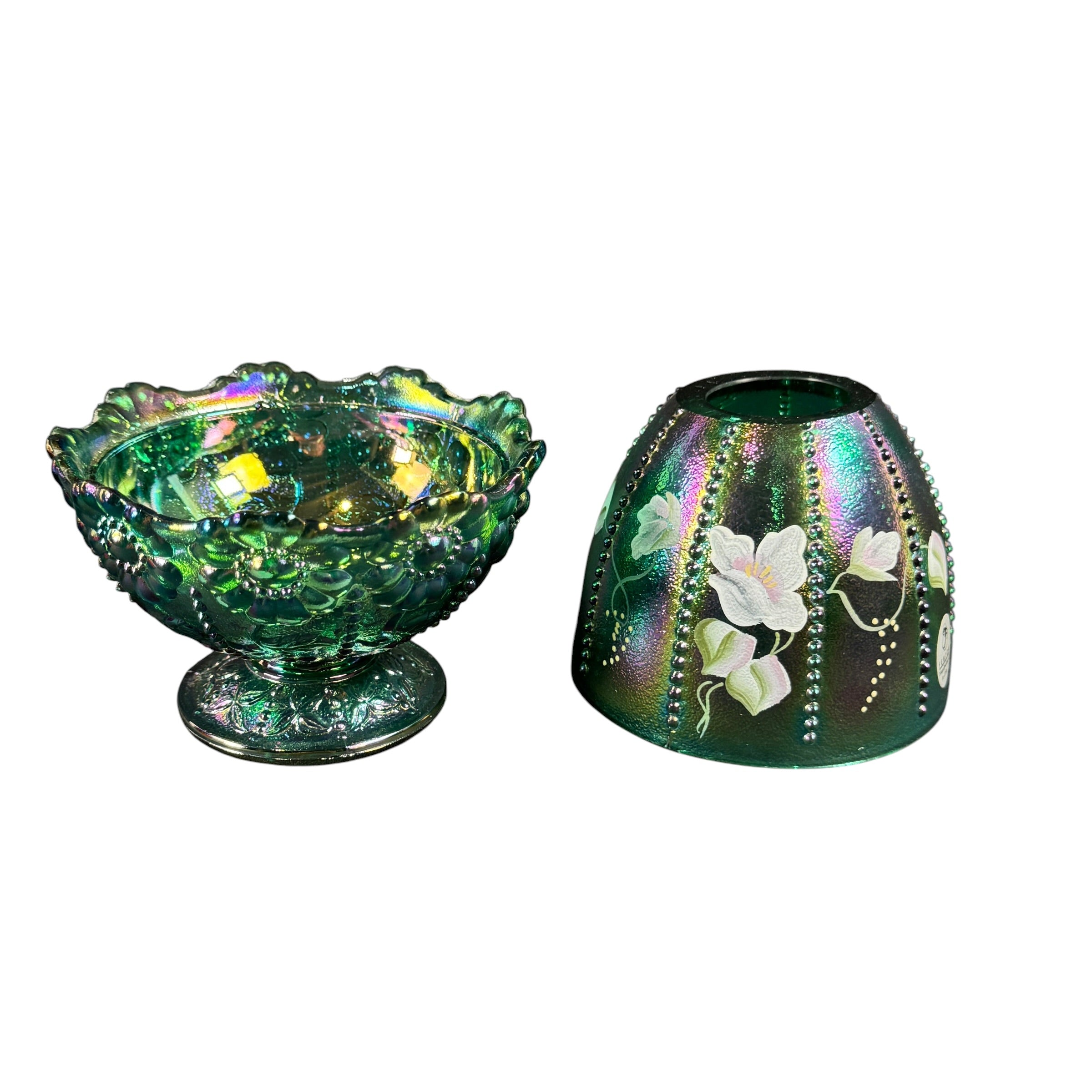 Emerald green carnival glass fairy lamp by Fenton Art Glass