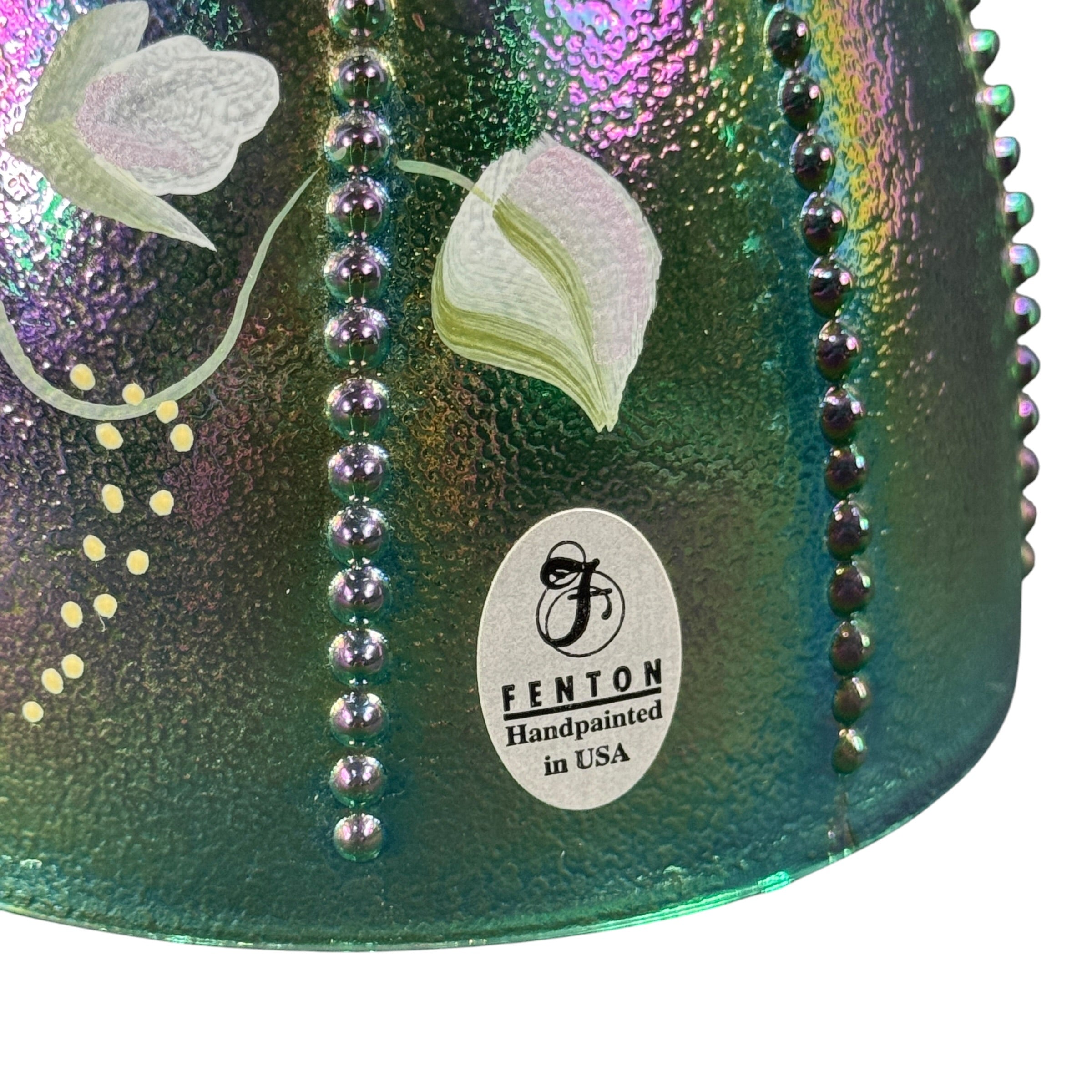 Hand-painted floral Fenton fairy lamp in iridescent emerald glass