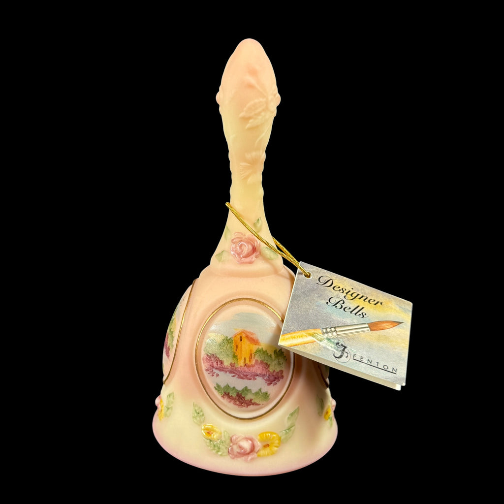 Hand-painted Fenton Burmese glass designer bell with embossed roses