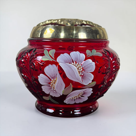 Vintage Fenton ruby red glass potpourri jar with brass lid