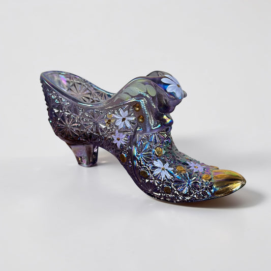 Signed Christine Fenton iridescent lilac glass slipper
