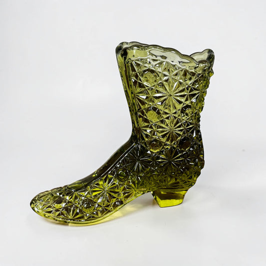 Vintage Fenton olive green Daisy and Button glass boot slipper
