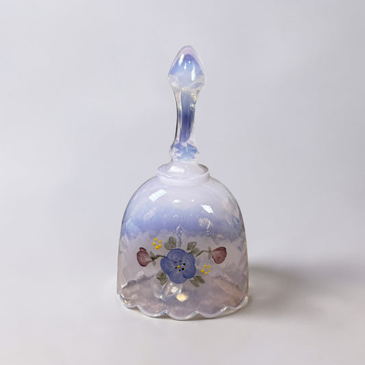 Vintage Fenton pink opalescent Diamond Optic hand painted mini bell signed art glass