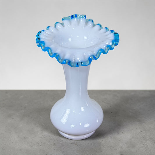 Vintage Fenton Aqua Crest milk glass vase with aqua ruffled rim