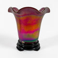Fenton Ruby Red Stretch Glass Flip Vase with black display stand