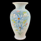 Fenton White Opalescent hand-painted blue daisy 13-inch vase