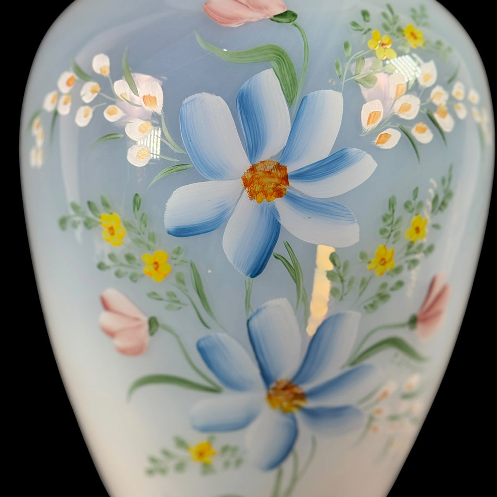 Large Fenton floral art glass vase with blue daisies