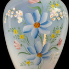 Large Fenton floral art glass vase with blue daisies