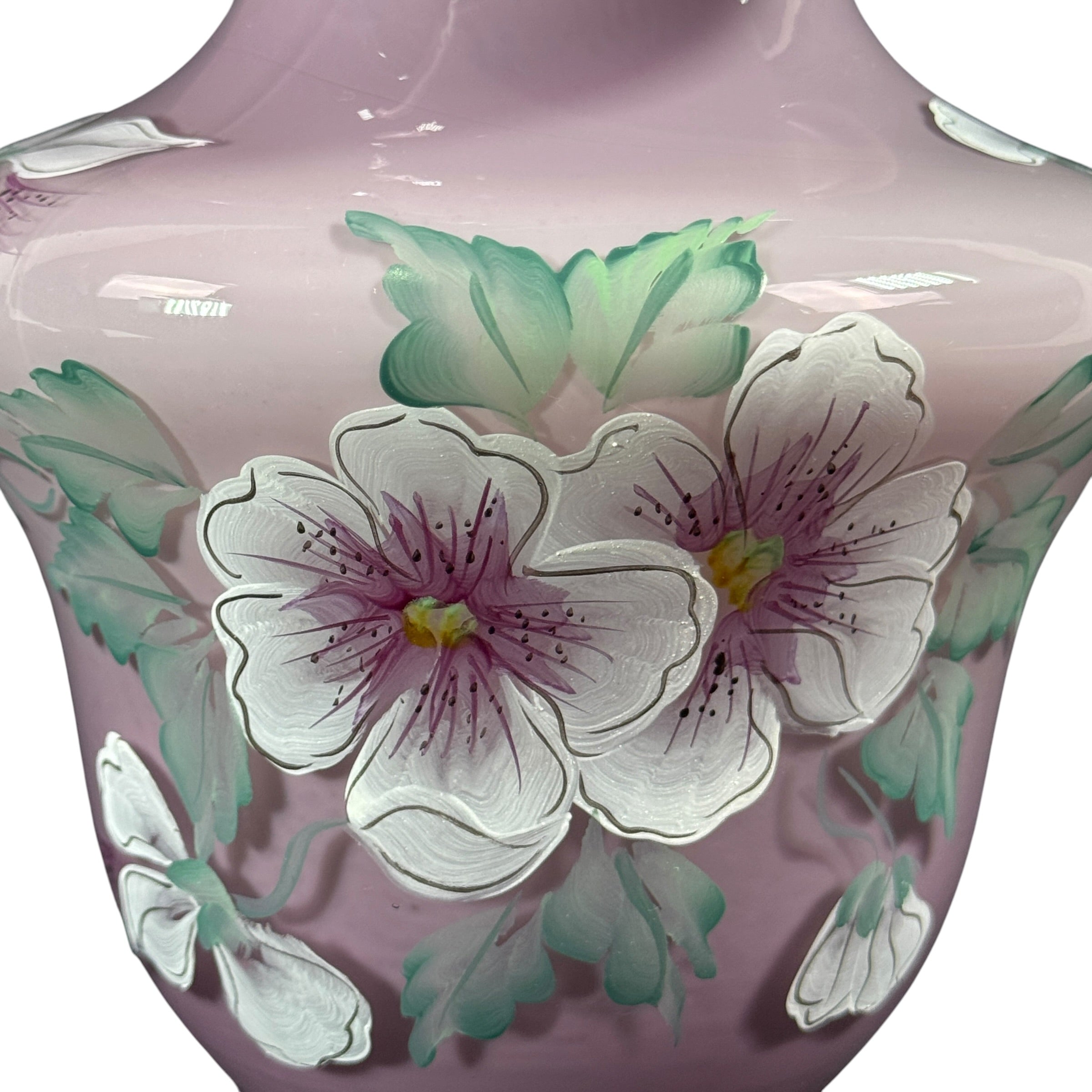 Fenton cased glass vase with hand-painted white flowers