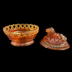 Imperial Glass lion covered dish in marigold carnival glass