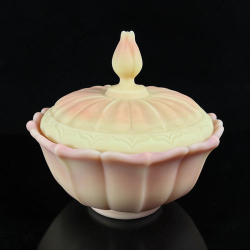 Fenton Burmese uranium glass ogee covered candy dish