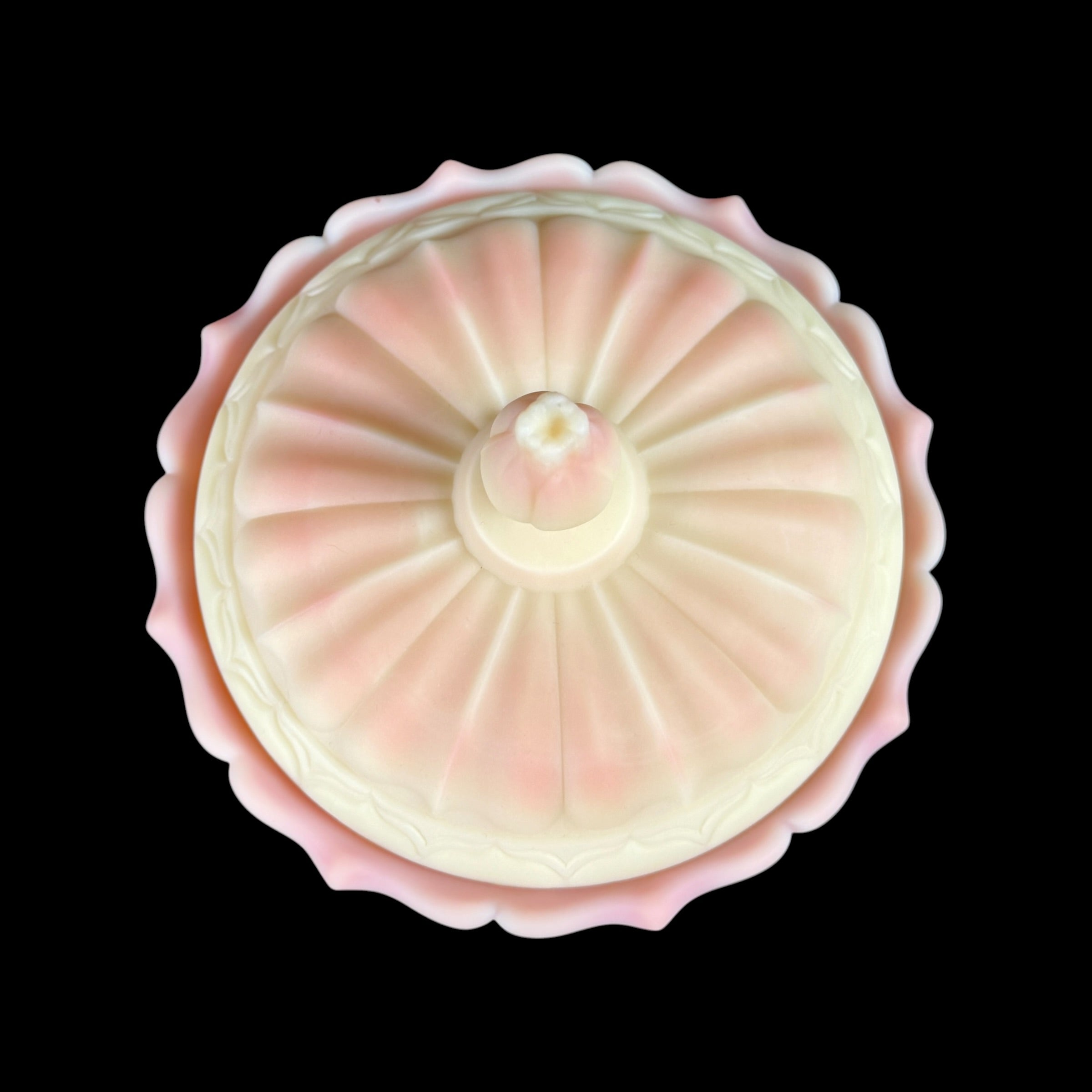 Fenton Burmese Ogee Tulip Covered Candy Dish with Uranium Glow