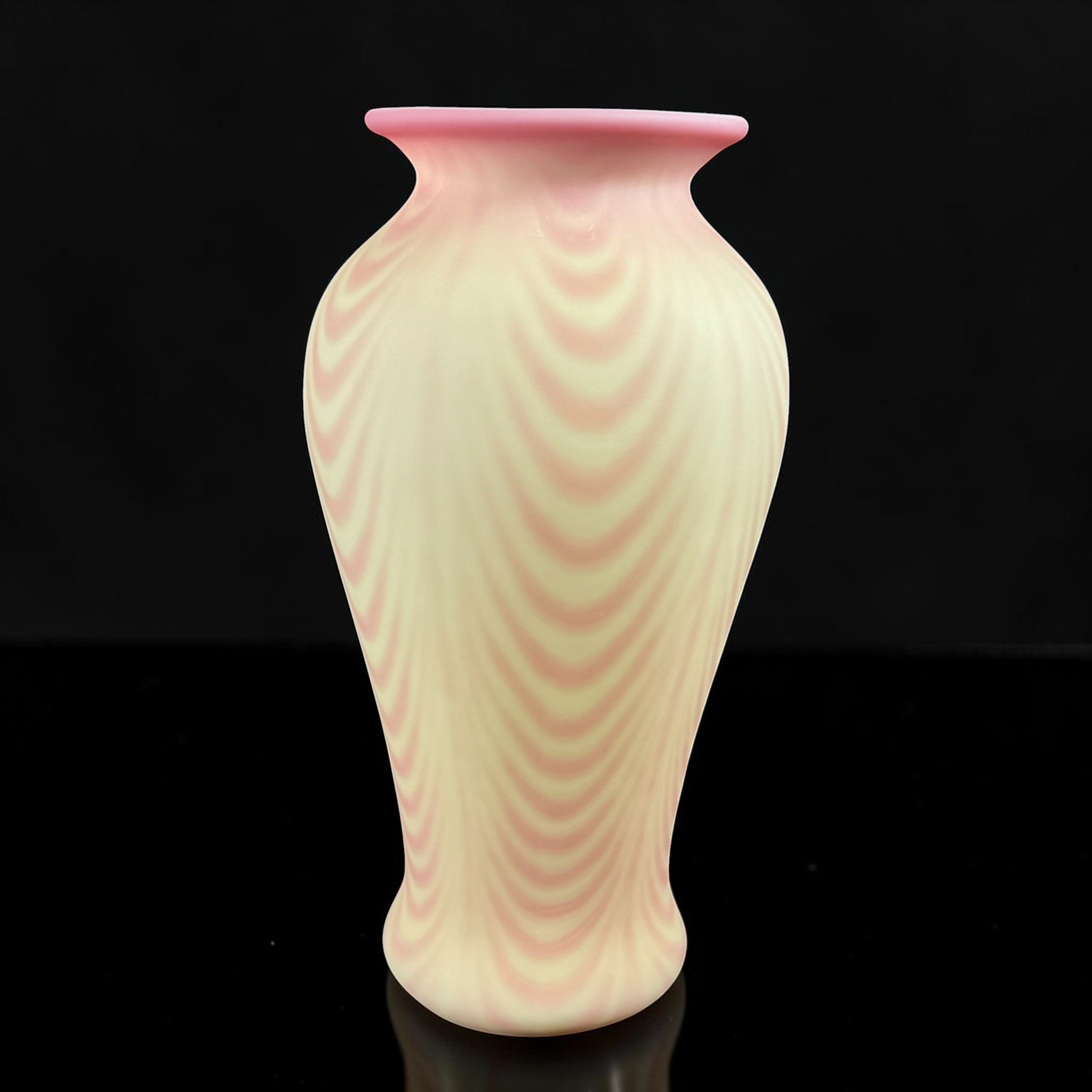 Fenton Burmese Pulled Feather uranium glass 9.5-inch vase