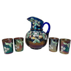 Antique Fenton enameled cherries carnival glass pitcher with four tumblers