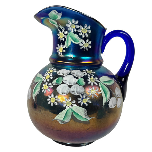 Early Fenton blue iridescent water set with hand-painted blossoms