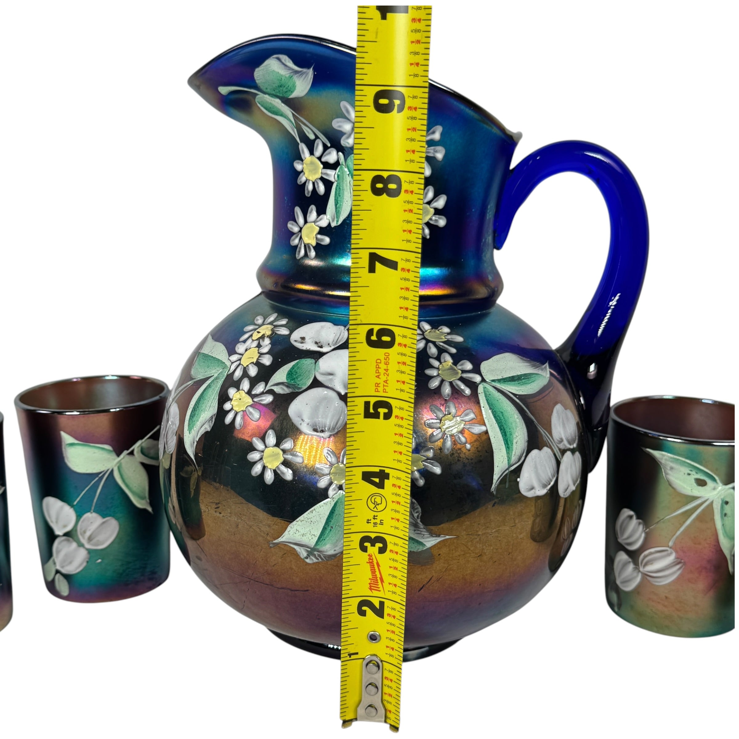 Fenton carnival glass pitcher and tumbler set circa 1910