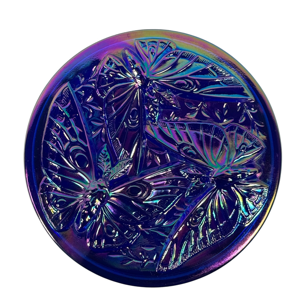 Fenton iridescent butterfly jewelry box in cobalt blue glass