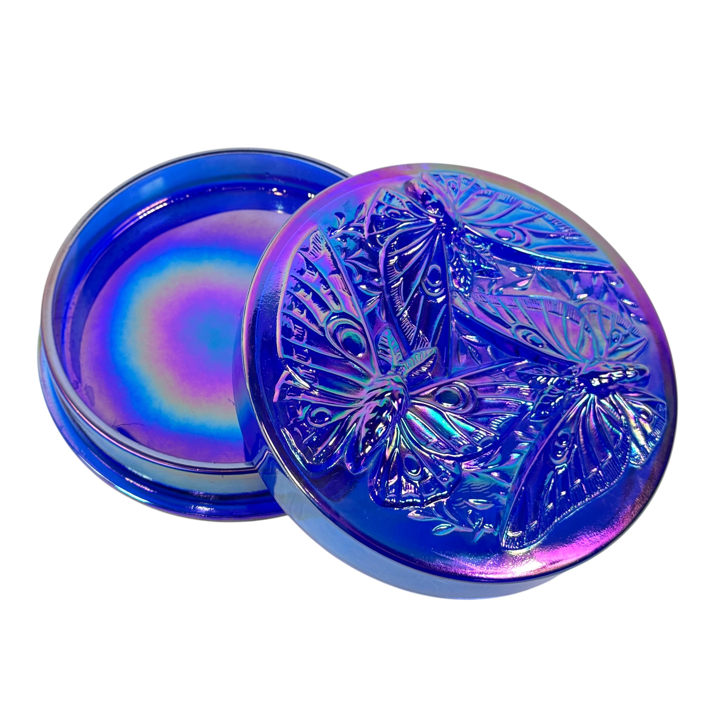 Embossed Veryls Butterfly Fenton covered glass dish