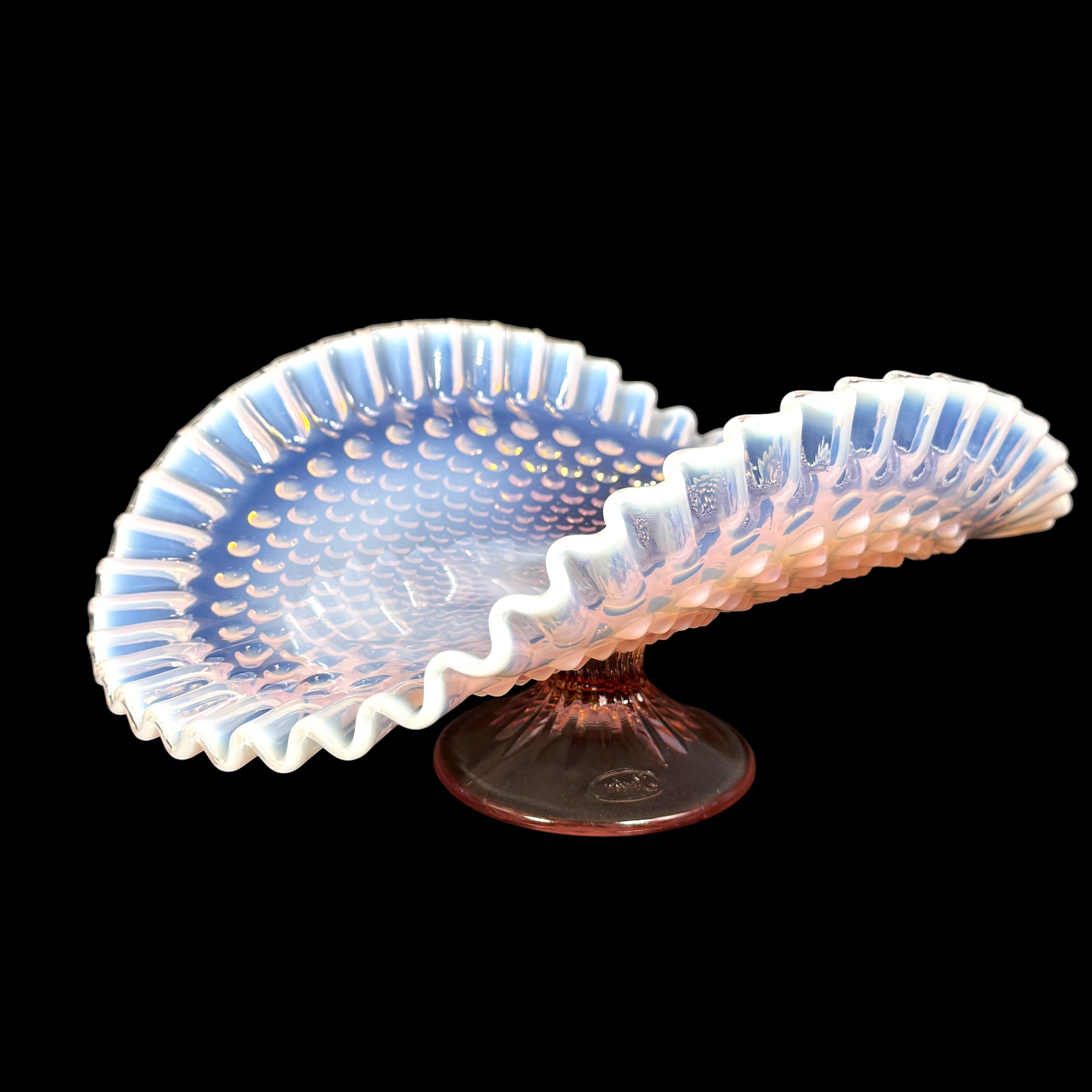 Fenton Pink Champagne Opalescent hobnail ruffled banana boat dish
