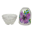 Satin glass Fenton fairy lamp with purple butterfly and forget-me-not flowers