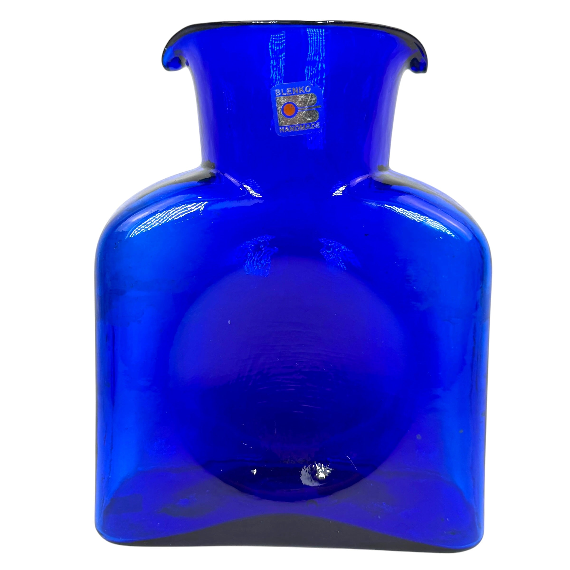 Blenko #384 cobalt blue double-spouted water bottle with original sticker