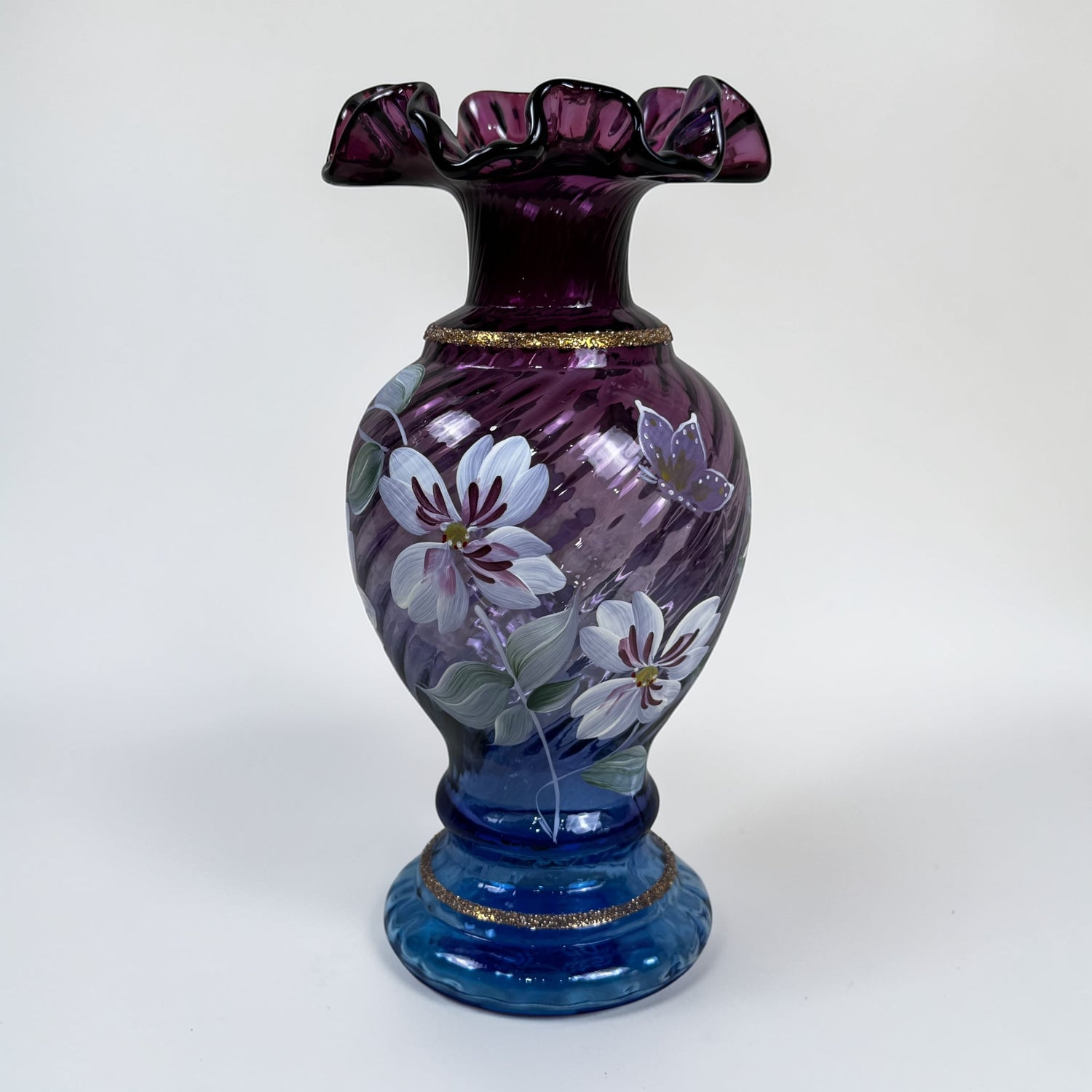 Vintage Fenton mulberry butterfly vase signed Bill Fenton