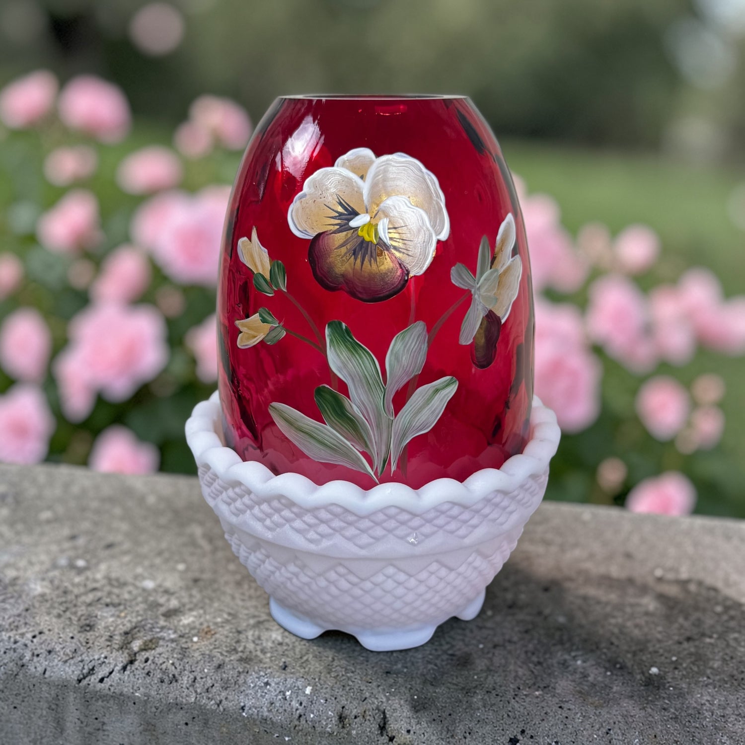 Vintage Fenton cranberry fairy lamp with hand painted pansies
