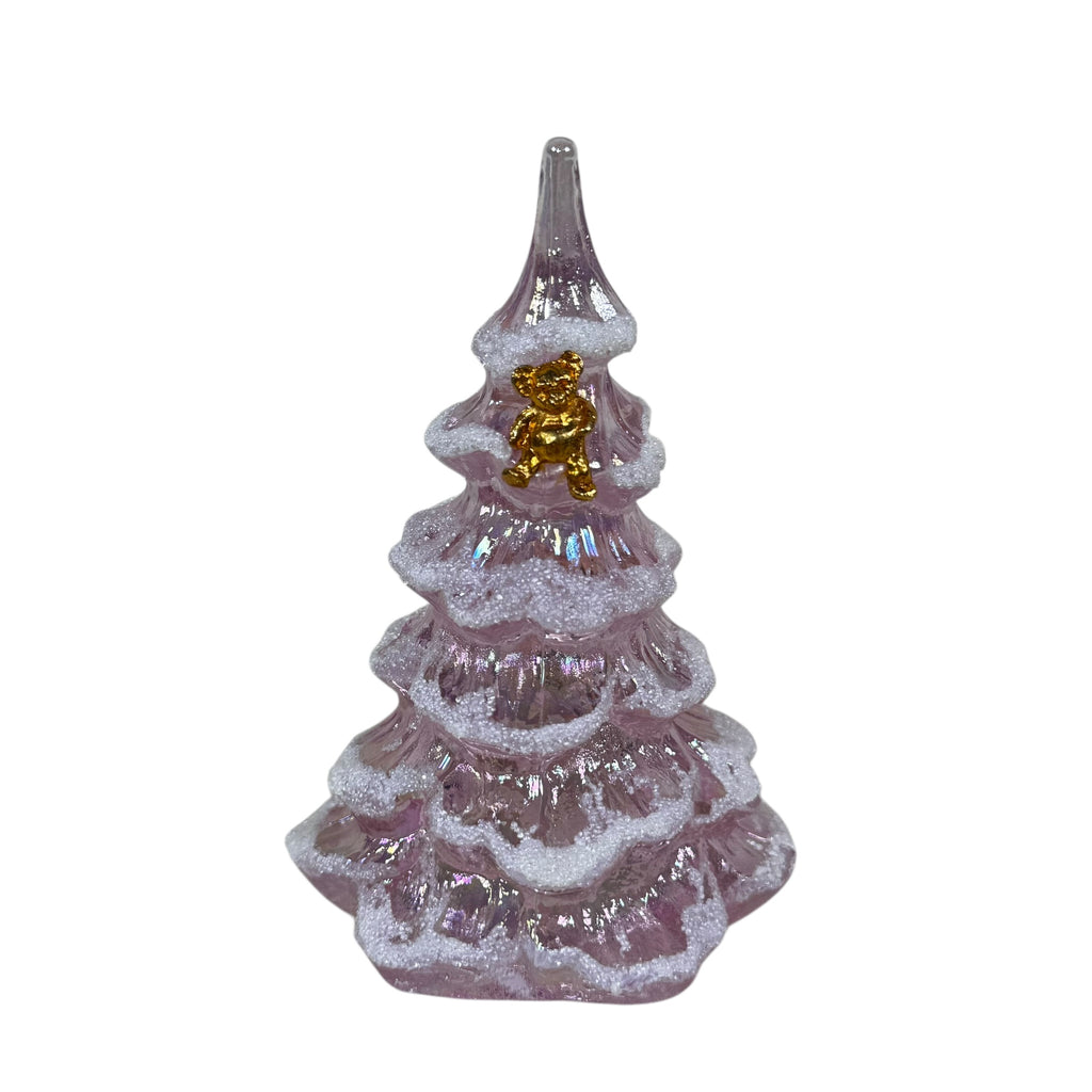 Glass Christmas tree figurines with glitter snow accents