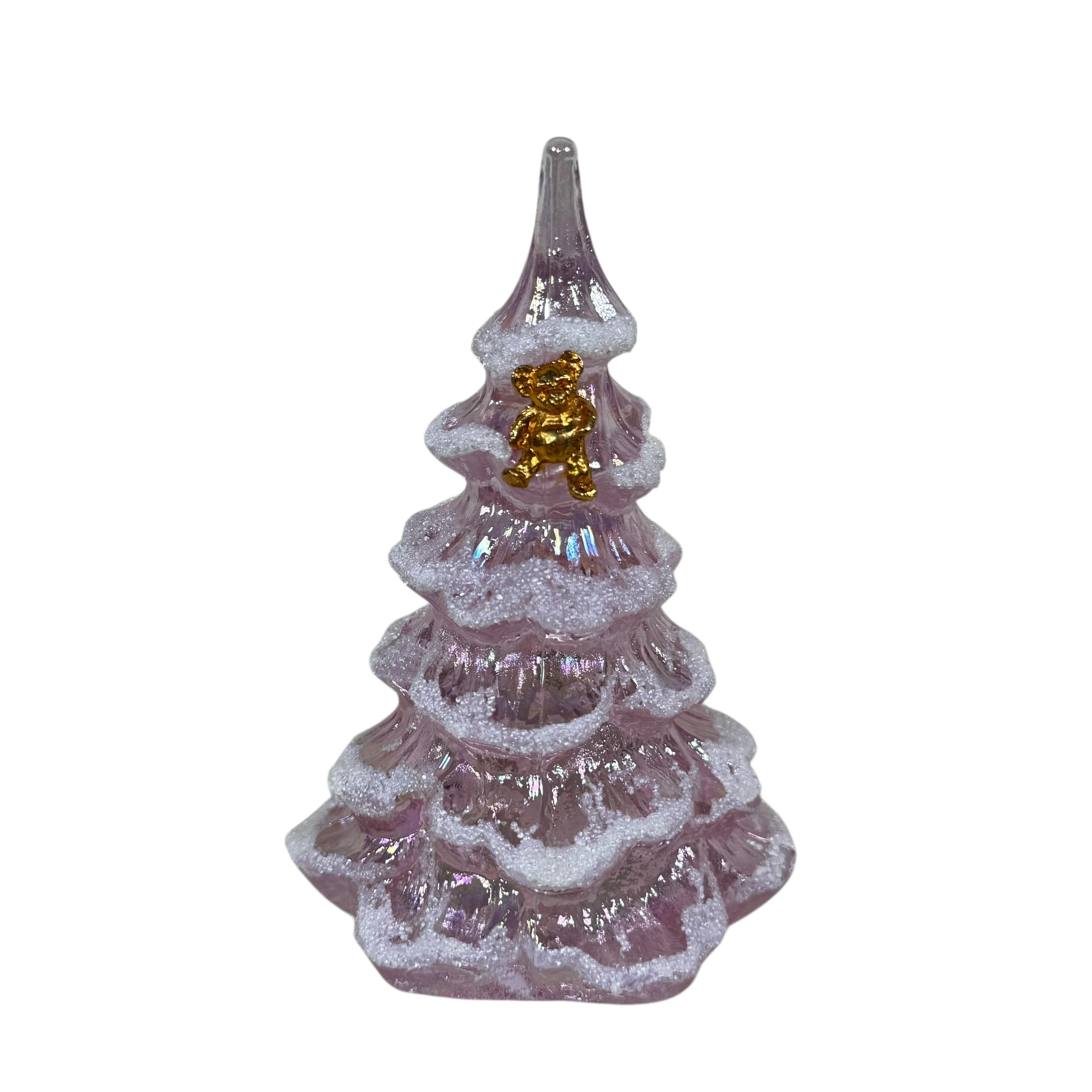 Glass Christmas tree figurines with glitter snow accents