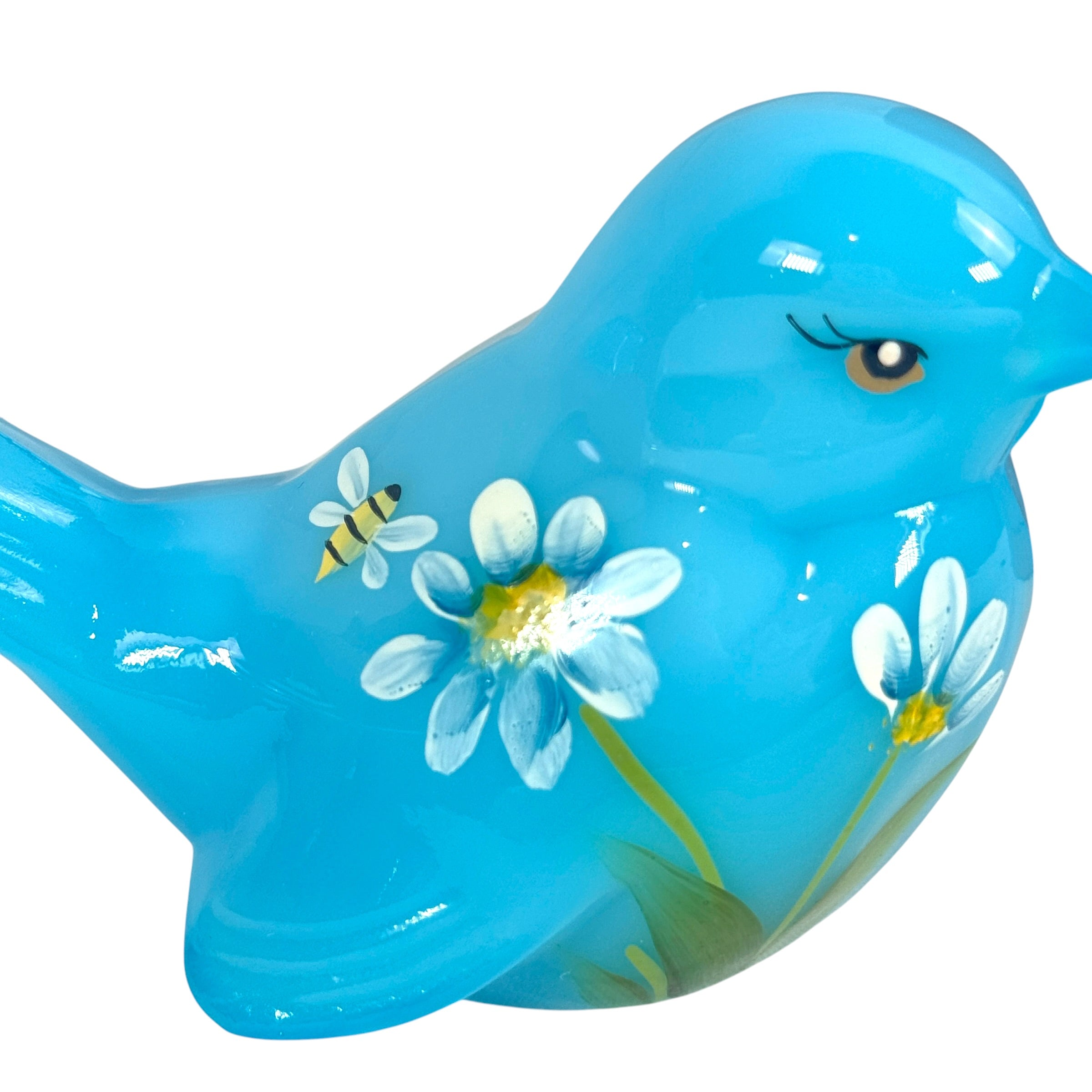Fenton Blue Bird Figurine Hand Painted Daisy Art Glass Signed with Original Box
