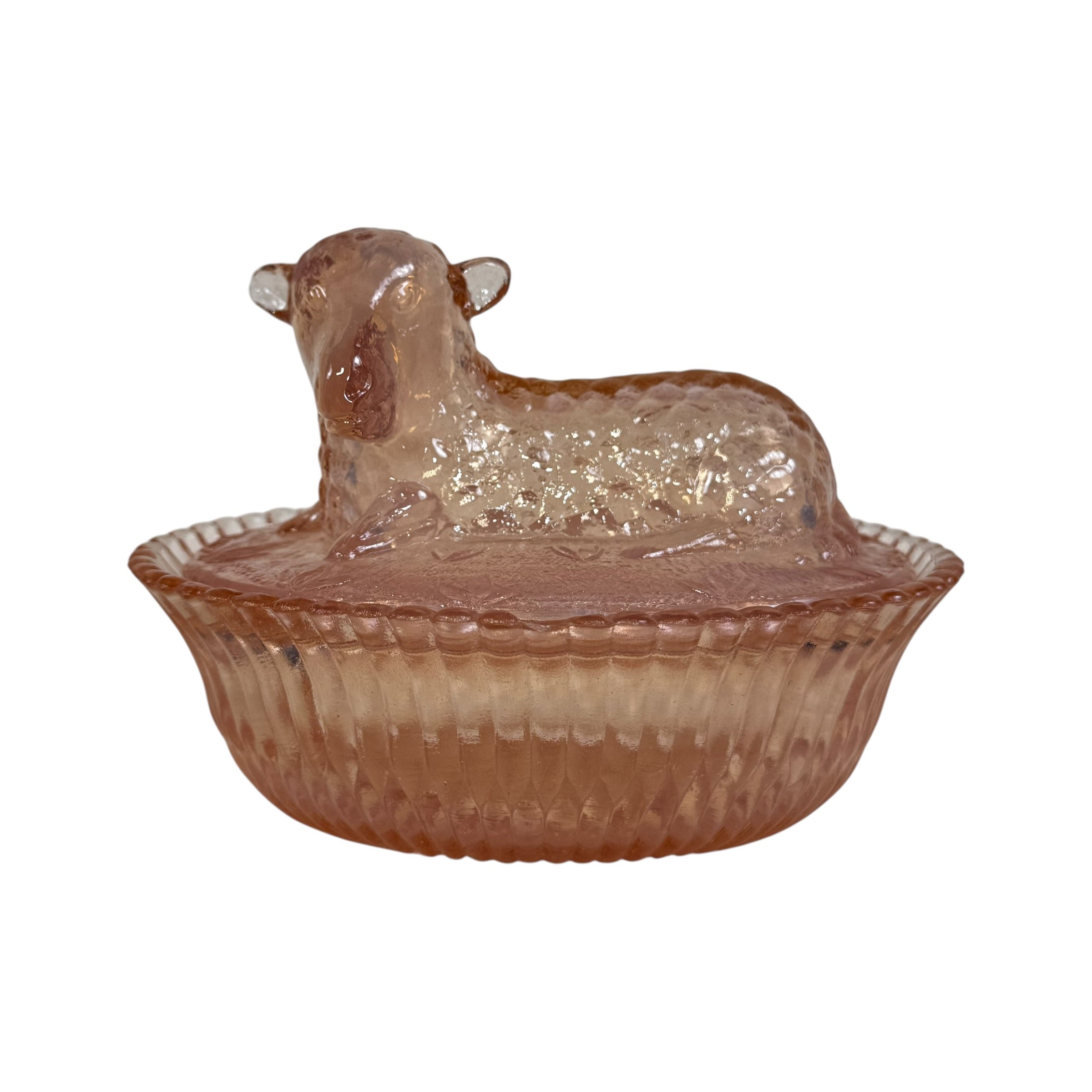 Petal pink glass covered dish with lamb figurine lid