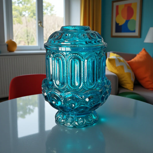 L.E. Smith Ocean Blue Moon and Star Fairy Lamp – Rare Vintage Art Glass Candle Holder