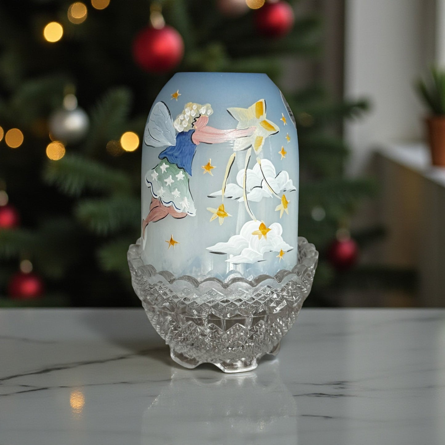 Fenton Angel Shooting Star Fairy Lamp – Hand-Painted Vintage Art Glass Candle Holder