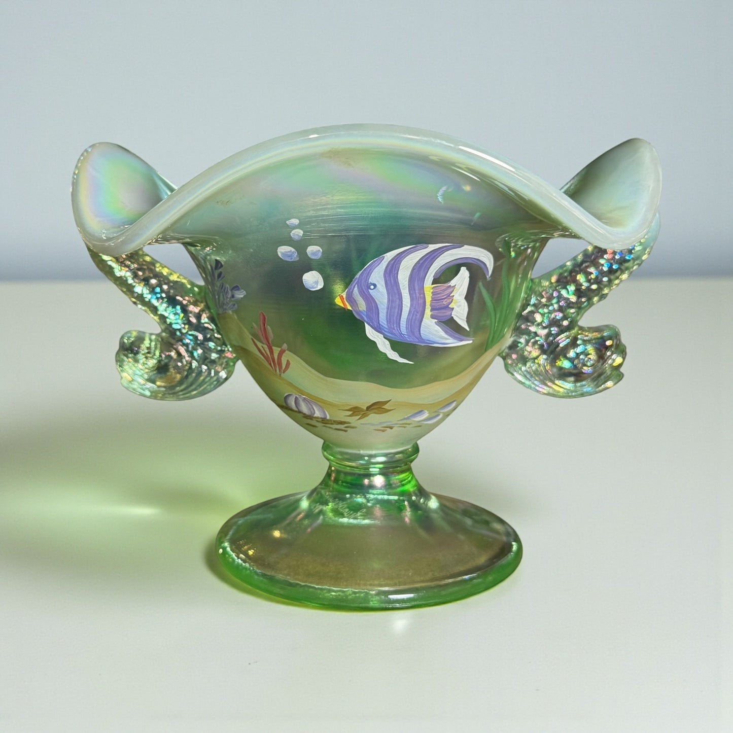 Fenton iridescent green dolphin-handled Sea Life compote