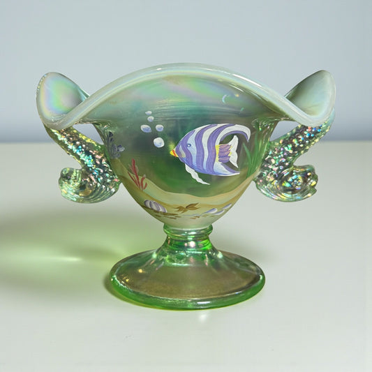 Fenton iridescent green dolphin-handled Sea Life compote