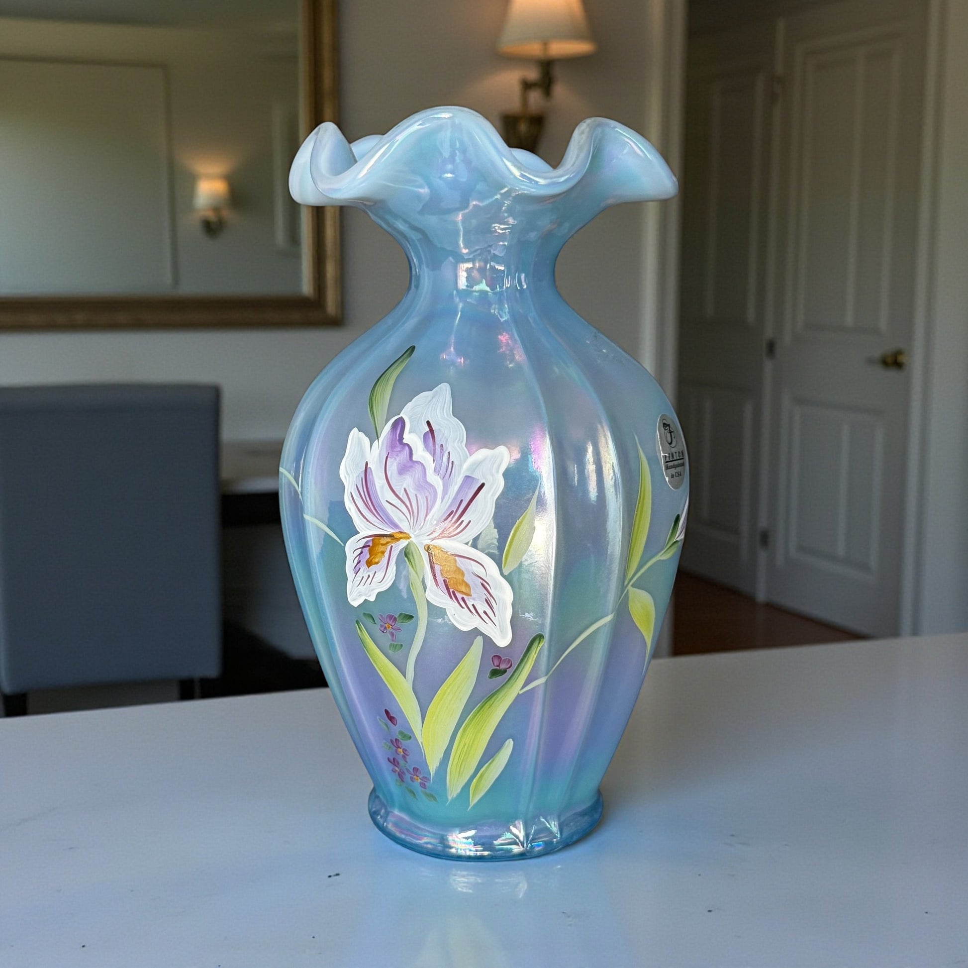 Fenton iridescent opal blue vase with hand-painted iris flowers