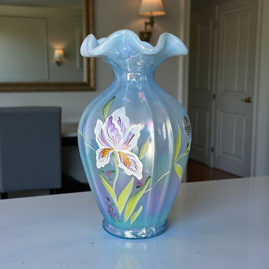 Fenton iridescent opal blue vase with hand-painted iris flowers