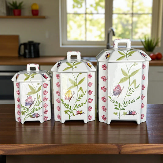 Casafina handpainted porcelain butterfly canister set of 3