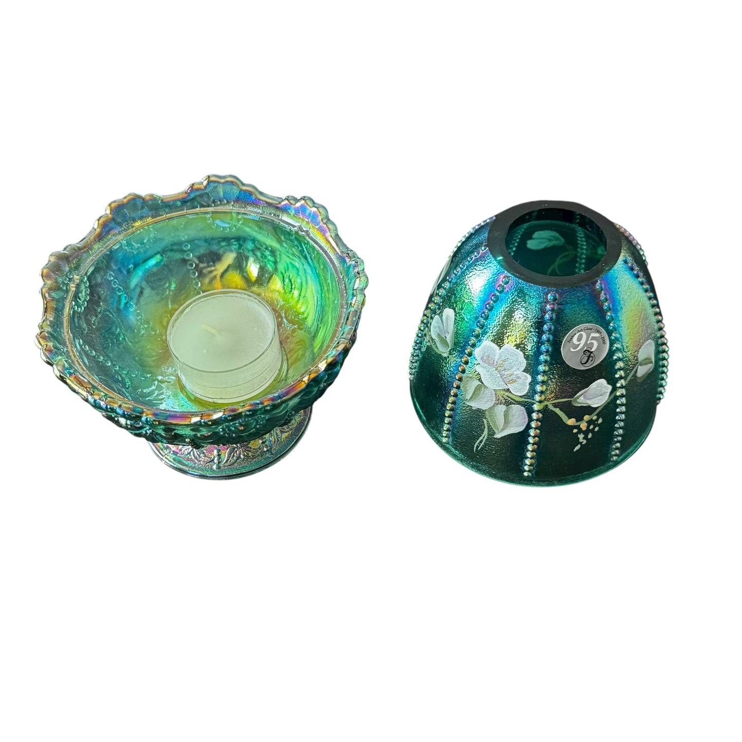 Vintage green art glass candle holder with iridescent glow and floral design