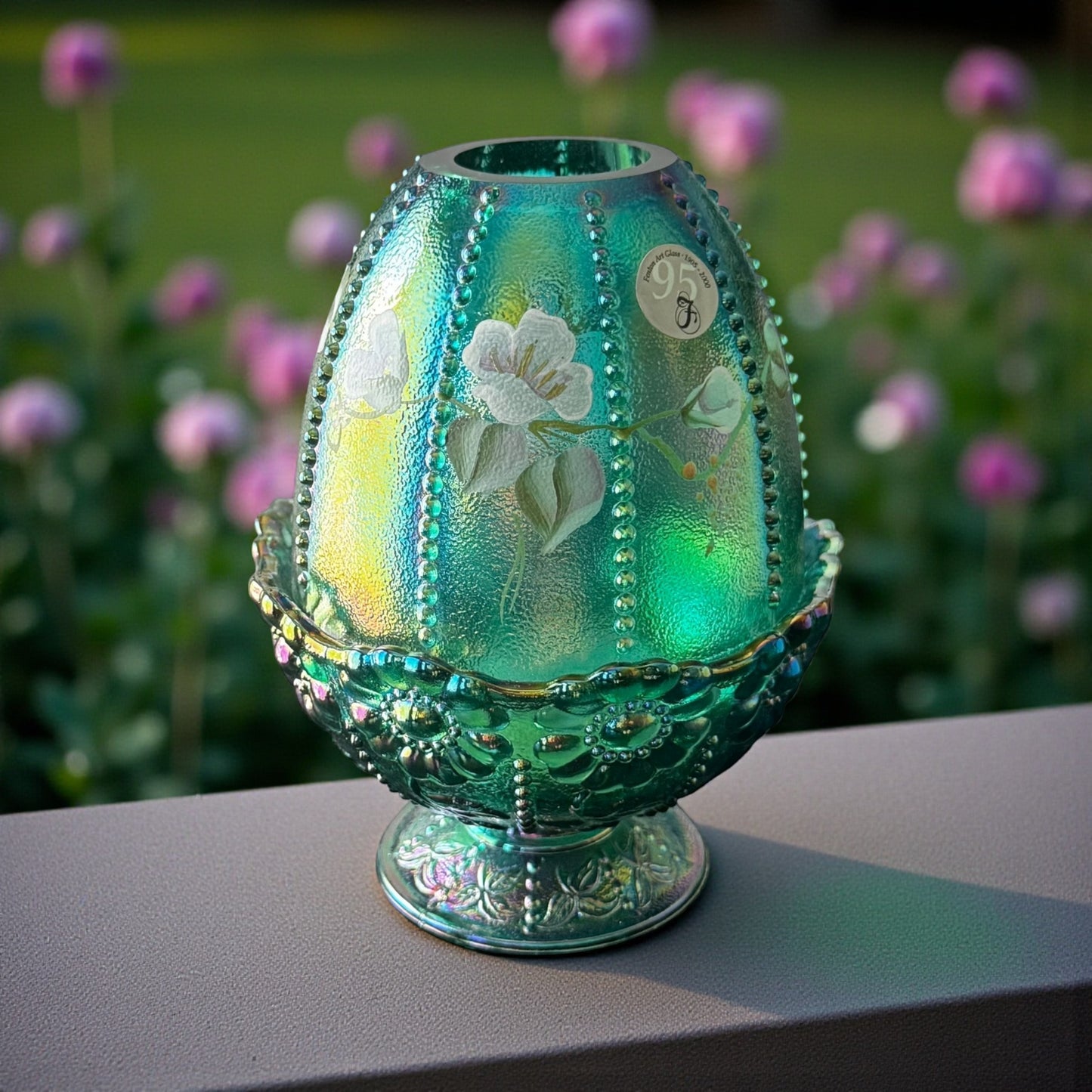 Fenton emerald green iridescent fairy lamp with hand-painted white lilies and beaded texture