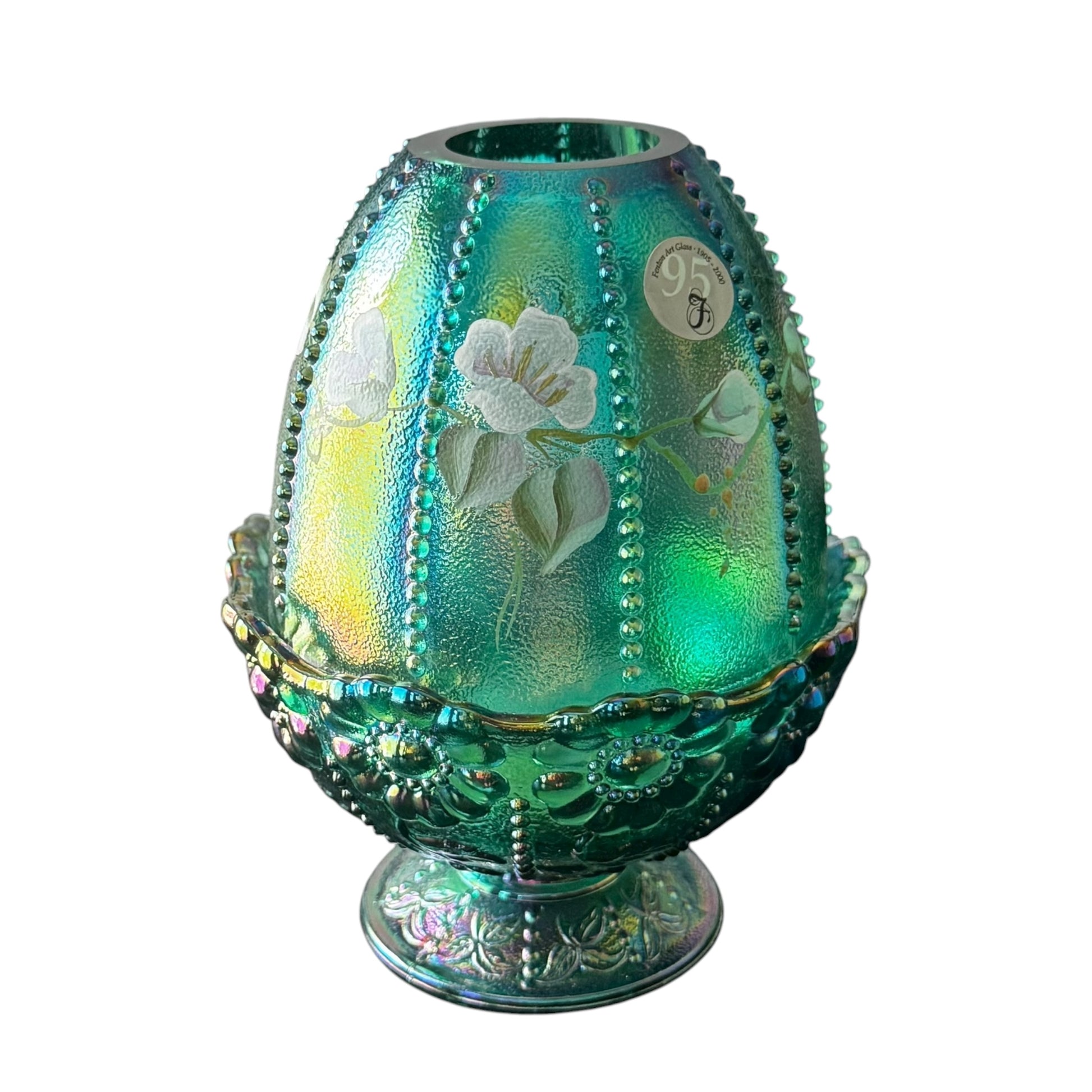 Two-piece Fenton fairy light featuring raised bead pattern and painted lilies