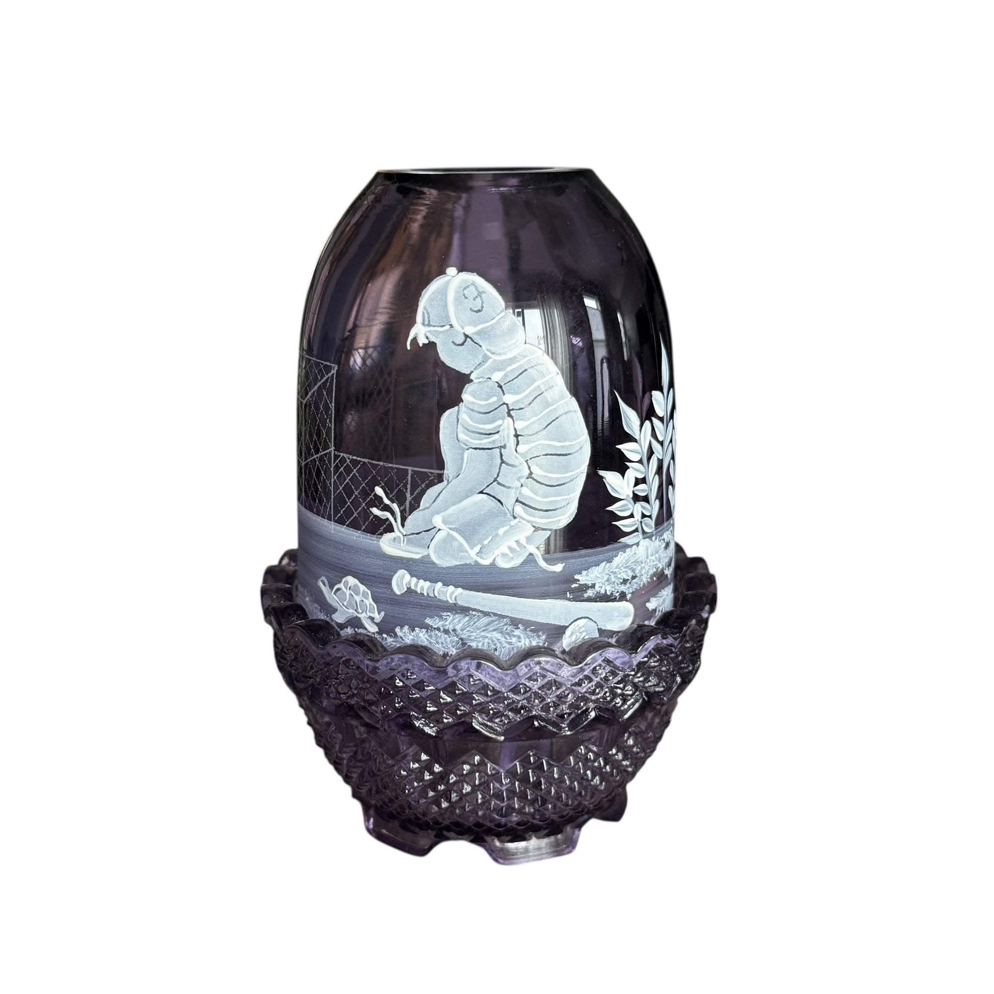 Vintage Fenton art glass fairy light featuring boy and baseball scene