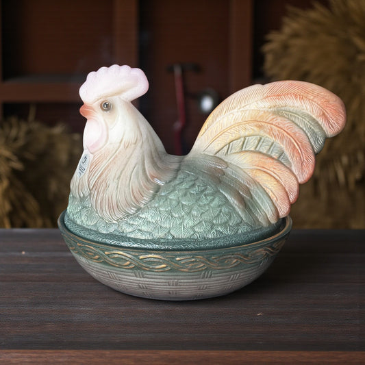 Large Fenton hand-painted hen on nest with natural pastel tones and artist signatures