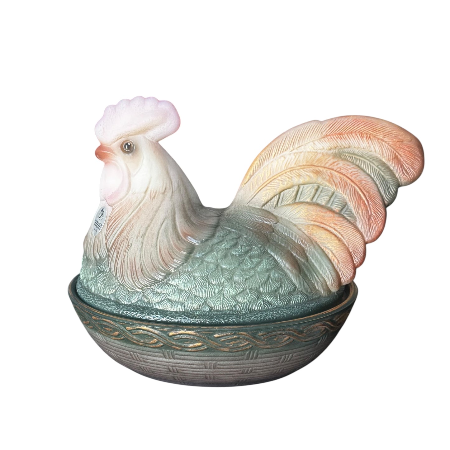 Hand-painted Fenton hen with green and peach feathers